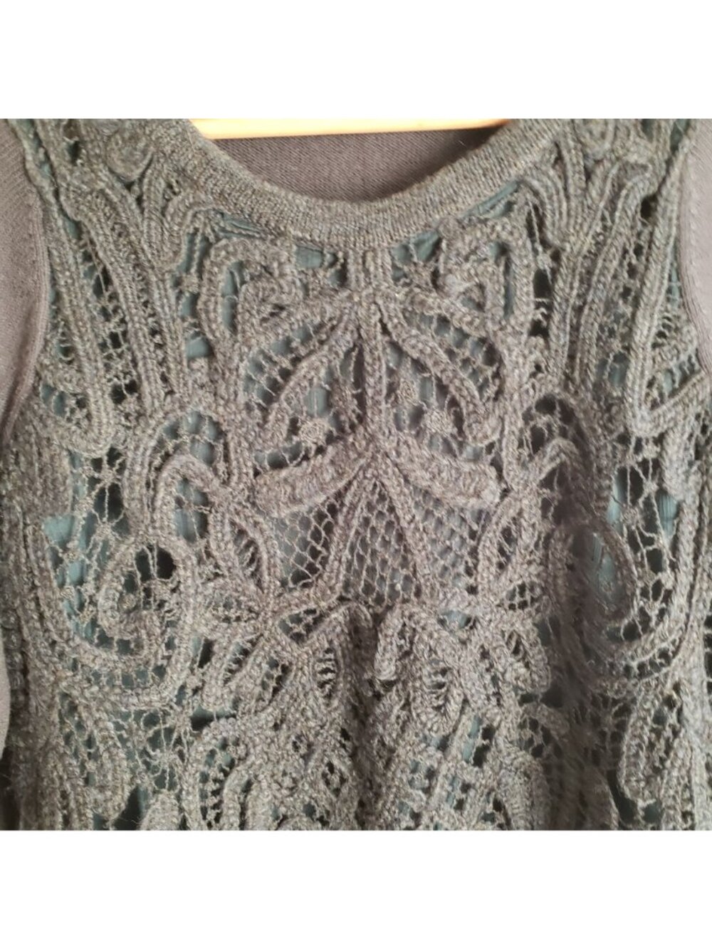 Anthropologie Crochet Wool Sweater M Dark Blue w Intricate Lace Front Pullover - Picture 4 of 10